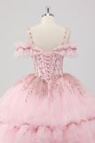 Robe de bal princesse blush épaules dénudées à volants Tulle Quinceanera Robe avec broderie à paillettes