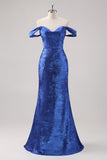 Robe longue formelle en satin bleu royal à épaules dénudées avec manches amovibles