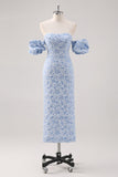Robe formelle bleue florale longueur thé avec manches bouffantes