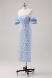 Robe formelle bleue florale longueur thé avec manches bouffantes