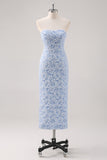 Robe formelle bleue florale longueur thé avec manches bouffantes