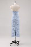 Robe formelle bleue florale longueur thé avec manches bouffantes