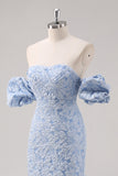 Robe formelle bleue florale longueur thé avec manches bouffantes