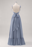 Dusty Blue A Line Corset Longue Robe de Demoiselle D’honneur Avec Fente