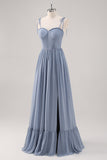 Dusty Blue A Line Corset Longue Robe de Demoiselle D’honneur Avec Fente