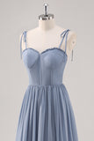 Dusty Blue A Line Corset Longue Robe de Demoiselle D’honneur Avec Fente