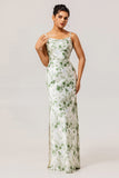 Robe de demoiselle d’honneur à col bénitier gainée florale verte avec fente