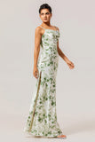 Robe de demoiselle d’honneur à col bénitier gainée florale verte avec fente