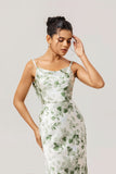 Robe de demoiselle d’honneur à col bénitier gainée florale verte avec fente