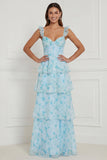 Corset bleu à volants A Line, longue robe fleurie avec fente
