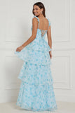 Corset bleu à volants A Line, longue robe fleurie avec fente