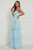 Corset bleu à volants A Line, longue robe fleurie avec fente
