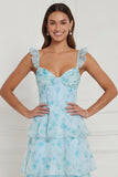 Corset bleu à volants A Line, longue robe fleurie avec fente