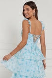 Corset bleu à volants A Line, longue robe fleurie avec fente
