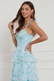 Corset bleu à volants A Line, longue robe fleurie avec fente