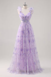 Robe de demoiselle d'honneur à fleurs plissée et découpée couleur lavande