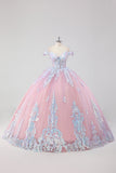 Princesse Blush Rose Épaule Dénudée Strass Robe Quinceanera en tulle avec nœud