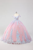 Princesse Blush Rose Épaule Dénudée Strass Robe Quinceanera en tulle avec nœud