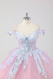 Princesse Blush Rose Épaule Dénudée Strass Robe Quinceanera en tulle avec nœud