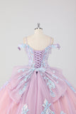 Princesse Blush Rose Épaule Dénudée Strass Robe Quinceanera en tulle avec nœud