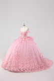 Princesse Blush Robe de bal rose à épaules dénudées en tulle papillon perlé Quinceanera Robe avec nœud