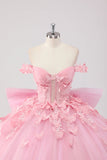 Princesse Blush Robe de bal rose à épaules dénudées en tulle papillon perlé Quinceanera Robe avec nœud
