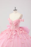 Princesse Blush Robe de bal rose à épaules dénudées en tulle papillon perlé Quinceanera Robe avec nœud