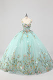 Princesse Menthe Robe de Bal Spaghetti Bretelles Tulle Quinceanera Robe avec Appliques De Fleurs