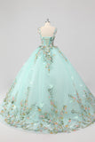 Princesse Menthe Robe de Bal Spaghetti Bretelles Tulle Quinceanera Robe avec Appliques De Fleurs