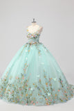 Princesse Menthe Robe de Bal Spaghetti Bretelles Tulle Quinceanera Robe avec Appliques De Fleurs