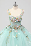 Princesse Menthe Robe de Bal Spaghetti Bretelles Tulle Quinceanera Robe avec Appliques De Fleurs