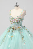 Princesse Menthe Robe de Bal Spaghetti Bretelles Tulle Quinceanera Robe avec Appliques De Fleurs