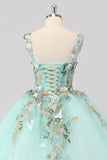 Princesse Menthe Robe de Bal Spaghetti Bretelles Tulle Quinceanera Robe avec Appliques De Fleurs