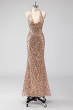 Glitter Champagne Sirène Dos Nu Robe de soirée Longue Dos Nu Avec Paillettes