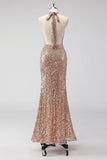 Glitter Champagne Sirène Dos Nu Robe de soirée Longue Dos Nu Avec Paillettes