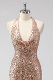 Glitter Champagne Sirène Dos Nu Robe de soirée Longue Dos Nu Avec Paillettes