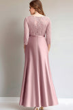Dentelle rose froncée manches longues Robe mère de la mariée