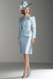 Satin Bleu Col En V Manches Longues 2 pièces Robe Mère De La Mariée