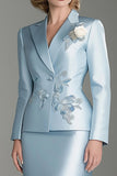Satin Bleu Col En V Manches Longues 2 pièces Robe Mère De La Mariée