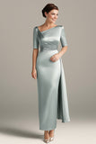 Robe Demi-Manches Satin Fourreau Gris Argenté Mère De La Mariée