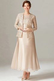 Robe 2 pièces Mère de la mariée en mousseline de champagne trapèze