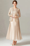 Robe 2 pièces Mère de la mariée en mousseline de champagne trapèze