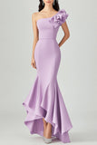 Robe formelle lilas à épaules inclinées sirène à volants
