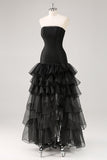 Robe formelle à volants en tulle sans bretelles noir