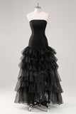 Robe formelle à volants en tulle sans bretelles noir