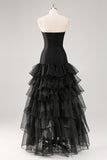 Robe formelle à volants en tulle sans bretelles noir