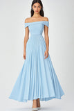 Robe formelle en mousseline de soie froncée bleu ciel une ligne