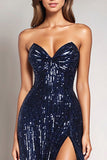 Paillettes scintillantes Sirène Robe formelle moulante sans bretelles bleu marine avec fente