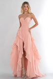 Robe longue de bal à volants en mousseline de soie rose