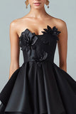 Robe formelle en satin sans bretelles 3D à volants noir scintillant